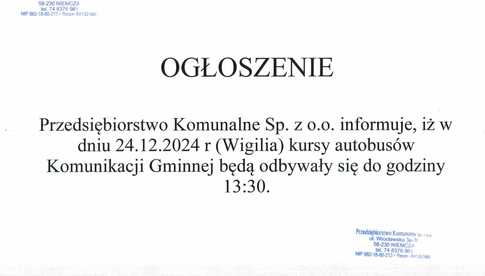 Gmina Niemcza: Skrócony czas kursowania autobusów Gminnej Komunikacji Autobusowej w Wigilię